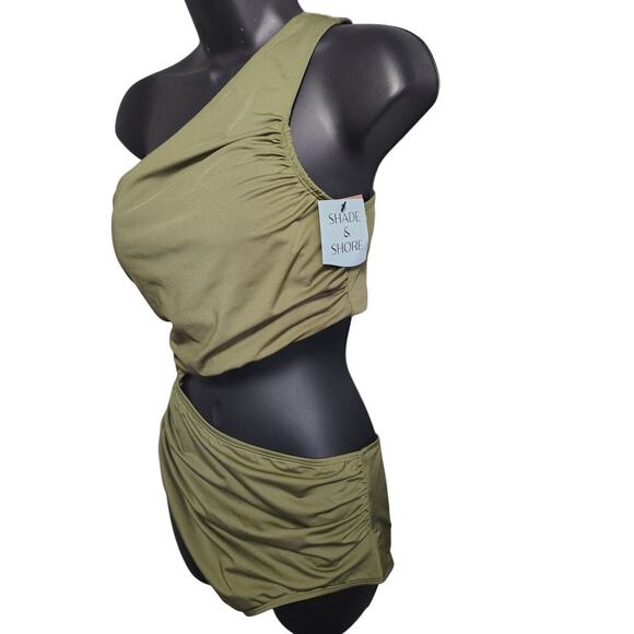 Shade Shore Shirred Cut One Shoulder One Piece Swimsuit Olive Green Medium - Picture 3 of 5